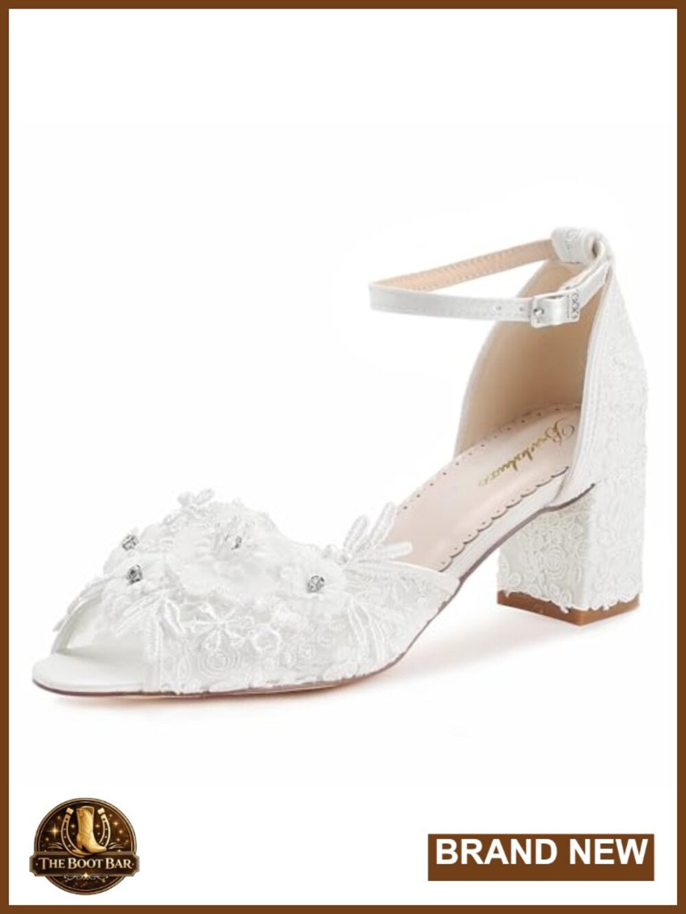 Women's Peep Toe Bridal Heels Lace Floral Ankle Strap Block Heel Wedding Shoes